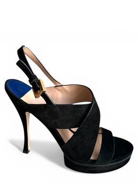Stuart Weitzman Hester Platform Sandals Black Suede Slingback Heels Women’s